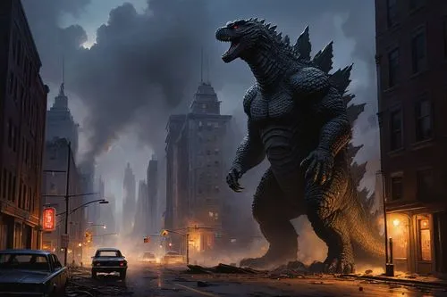 godzilla,drexel,saurian,giant lizard,apocalyptic,extinction,apocalypse,sci fiction illustration,nature's wrath,new york,landmannahellir,doomsday,concept art,new york city,new york streets,nyc,newyork,the pollution,dinosaruio,ny,Conceptual Art,Oil color,Oil Color 13