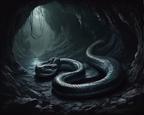 Write a suspenseful story involving a Serpiente Emplumada in a dark cave.,serpent,black snake,pointed snake,emperor snake,kingsnake,water snake,anaconda,snake,rattlesnake,ringed-worm,serpentes,king sn