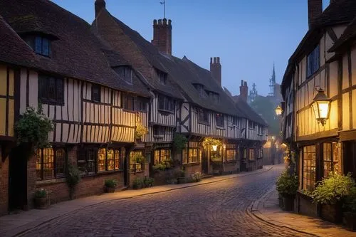 Tonbridge, medieval town, River Medway, old stone bridge, Tudor-style buildings, half-timbered houses, steeply pitched roofs, overhanging upper floors, ornate wooden signs, flower-filled window boxes,