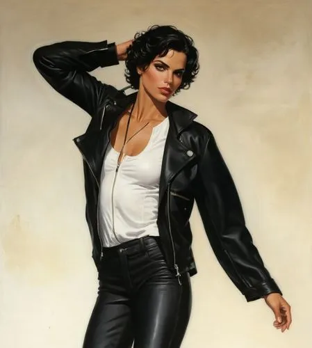 Depiction of female character

Identity : Cuban-Jamaican (Mestizo mixed)
Hair : natural black hair - short wavy windy hair
Clothes : White shirt (inner), black jacket (leather; outer) (unzipped), blac