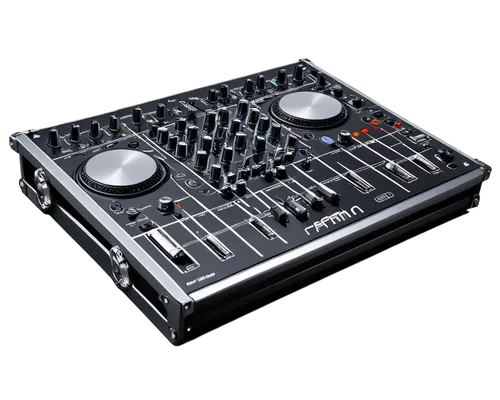 Audio equipment, music mixer, DJ console, flashing LED lights, metal body, knobs and sliders, headphones on hook, cables plugged in, studio background, low-angle shot, dramatic lighting, shallow depth