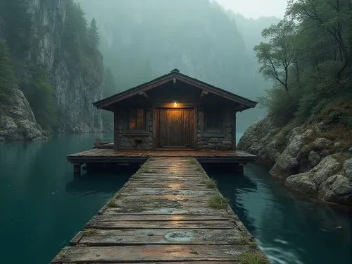 the cabin in the mountains,cave on the water,house with lake,wooden pier,boathouse,small cabin,dock,floating huts,boat house,log cabin,boat shed,log home,fisherman's hut,seclusion,undock,wooden hut,wooden bridge,house in mountains,fisherman's house,house by the water,Photography,General,Realistic