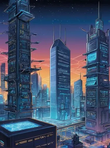 cybercity,cybertown,cityscape,skyscrapers,megapolis,cyberport,city skyline,cyberpunk,fantasy city,skyscraper town,metropolis,microdistrict,skyscraper,futuristic landscape,evening city,cities,tokyo city,cyberworld,city at night,city cities,Illustration,American Style,American Style 13