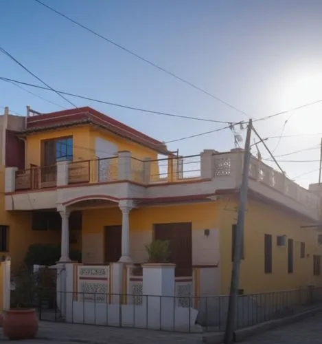 there is a yellow and brown building that looks like a two story house,anzio,lido di ostia,vivienda,inmobiliaria,ilioupoli,casitas,Photography,General,Realistic