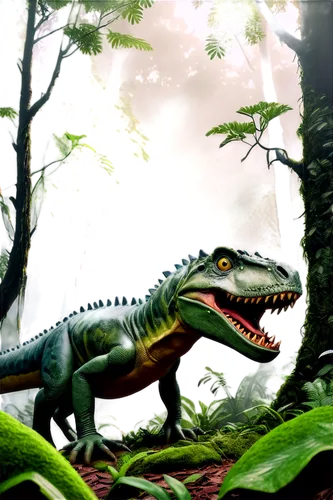 dinosaur, green scaly skin, sharp teeth, roaring sound effect, loud footsteps, jungle environment, misty atmosphere, warm sunlight filtering through trees, close-up shot, shallow depth of field, reali