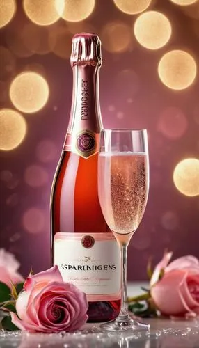 Bottle of rose champagne, sparklings, ice, a rose, 2 glasses, lights, bokeh,rose wine,bourbon rose,regnvåt rose,sparkling wine,romantic rose,vosges-rose,pink wine,corymb rose,pink trumpet wine,kir roy