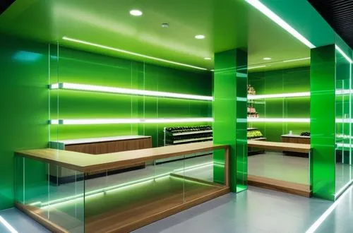 the large store with all its green and white walls,flavin,greenhut,greenbox,modern office,aaaa,dispensary,Photography,General,Realistic