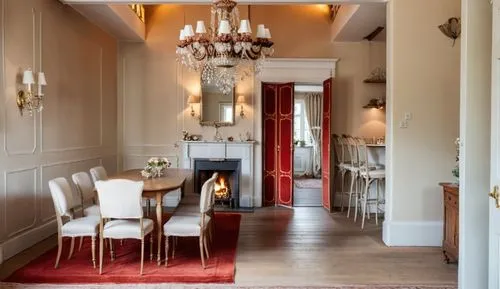 cozy dining room, classic wall panels, lots of details, chandelier, fireplace with fire, wall sconces. light floor, painted walls, interior decor, white doors,there is a small dining room with an eleg