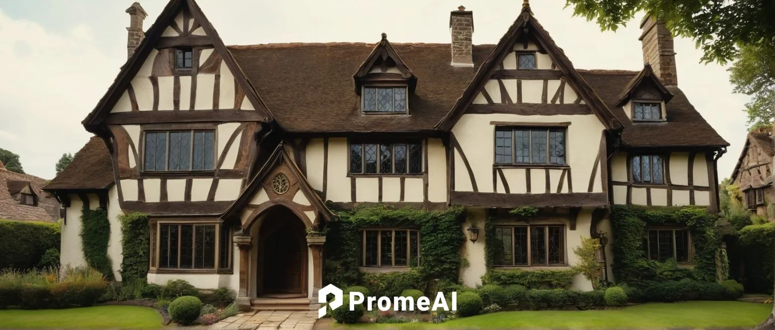 Tudor architectural style, medieval-inspired mansion, grand entrance, symmetrical facade, half-timbered exterior, white stucco, dark brown wooden beams, steeply pitched roof, multiple chimneys, ornate