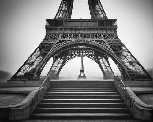 Eiffel Tower, Paris, France, iron lattice structure, intricate details, morning mist, golden hour, warm light, soft focus, romantic atmosphere, vintage camera, black and white filter, dramatic sky, fe