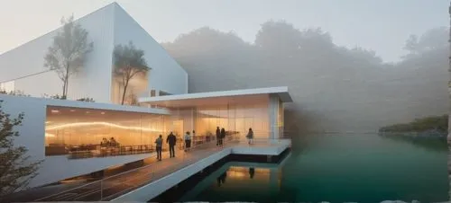 LAGO MINIMALISTA ESTILO JAPONES,people standing on the deck of a modern building,cube house,cubic house,mirror house,snohetta,glass facade,house in mountains