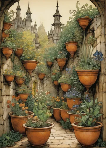 plants in pots,flower pots,flowerpots,garden pot,potted plants,pots,androsace rattling pot,plant pots,potted flowers,ornamental plants,garden of plants,urns,ornamental shrubs,terracotta flower pot,golden pot,potting,flower boxes,garden pipe,monastery garden,gardens,Illustration,Retro,Retro 25