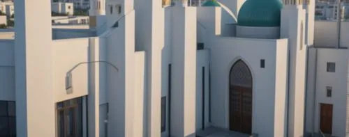 THE MOSQUE IN BLUE  IS THE ON ON THE REFERENCE IMAGE; MAKE THE  IMAGE REALISTIC CITY OF DIVERSE ARCHITECTURAL STYLES  MOVEMENTS AFTER THE AVANT GRANDE  THE WHITE BUILDINGS ARE RESIDENTIAL  MIXED USE B