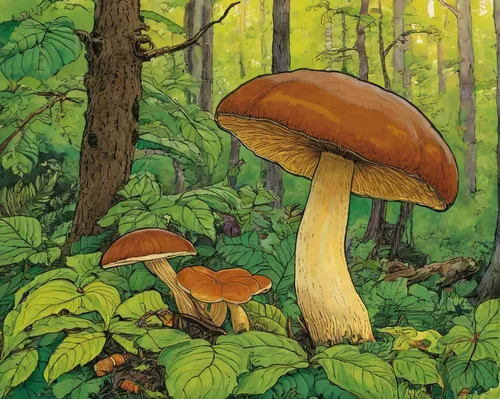 Write a heartwarming tale about a chestnut bolete helping a lost adventurer.,mushroom landscape,forest mushrooms,forest mushroom,boletes,boletus badius,illustration,amanita,edible mushrooms,brown mush