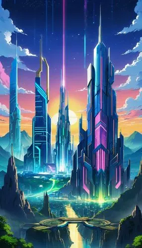 fantasy city,futuristic landscape,cybercity,fantasy landscape,city skyline,fantasy world,Illustration,Japanese style,Japanese Style 03