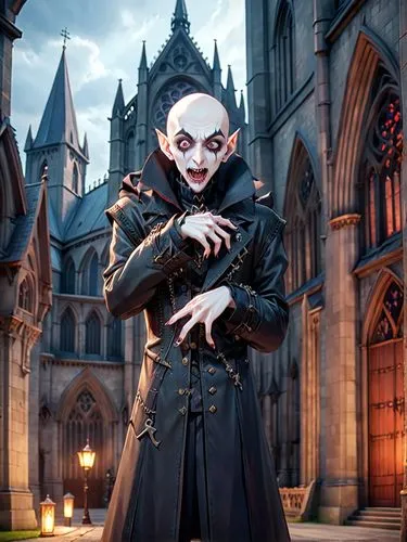 3d character, nosferatu, Pixar style, cute and evil, showing fangs, gothic, old leather clothes, vampire, Victorian,  German expressionism movies style, in front of a gothic cathedral,gothic portrait,