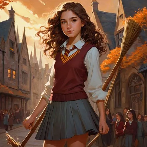 rowan,broomstick,school skirt,bunches of rowan,school uniform,schoolgirl,girl in a historic way,hogwarts,private school,sci fiction illustration,school clothes,rosa ' amber cover,clove,quarterstaff,fantasy portrait,world digital painting,book cover,mystery book cover,cg artwork,witch broom,Conceptual Art,Fantasy,Fantasy 18