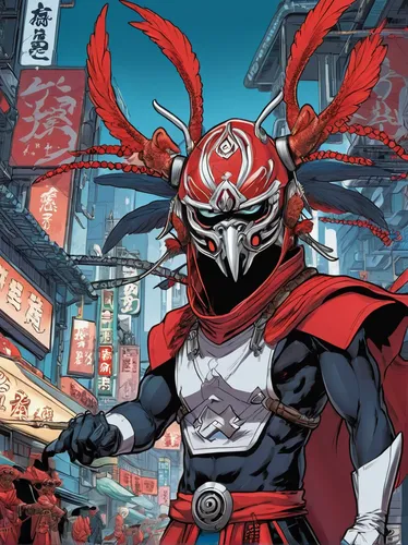 Create a futuristic sci-fi setting in which androids wear tengu masks as a symbol of rebellion.,samurai,red lantern,samurai fighter,goki,asakusa,sensoji,gyūdon,shinjuku,gungdo,katana,kasuga,daruma,nik