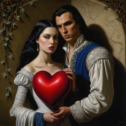 gothic portrait,romantic portrait,young couple,two hearts,throughout the game of love,romance novel,man and wife,valentin,saint valentine's day,painted hearts,the heart of,queen of hearts,bleeding heart,two people,declaration of love,lover's grief,couple in love,adam and eve,heart icon,lovers,Illustration,Realistic Fantasy,Realistic Fantasy 22