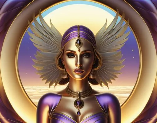 an image of a woman with wings over her head,wadjet,inanna,nephthys,qabalah,crown chakra,ashtar,Illustration,Realistic Fantasy,Realistic Fantasy 45