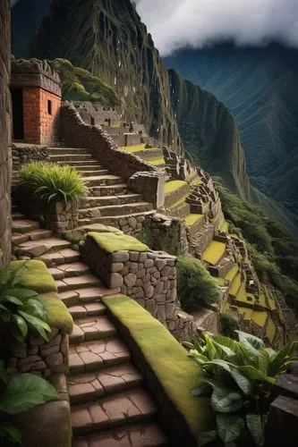 Incan building, ancient architecture, stone walls, intricately carved doorways, vibrant textile patterns, colorful ceramics, terracotta rooftops, steep staircases, ornate windows, Machu Picchu, Peruvi