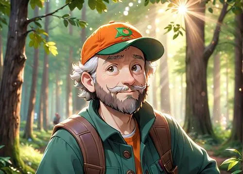 A 45 year old man, he is a forester, he is wearing an orange cap with a logo on it, his beard is chesnuts colored, he is wearing forester clothes green and brown colored, he has a few rickles on his f