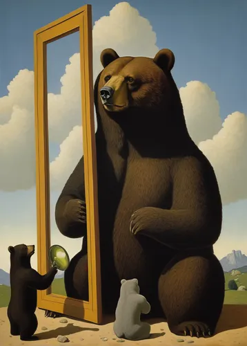 bear market,self-reflection,the mirror,magic mirror,great bear,bear guardian,holding a frame,self-deception,surrealism,nordic bear,wood mirror,bear,the bears,perception,bears,mirror image,big picture,sun bear,cute bear,anthropomorphized animals,Art,Artistic Painting,Artistic Painting 06