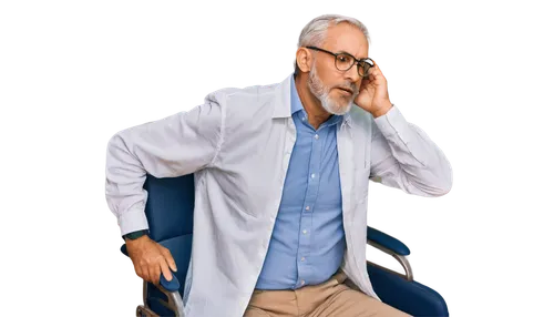 Older man, hemochromatosis patient, serious expression, brown skin tone, wrinkles, grey hair, bushy eyebrows, thick beard, wear glasses, white shirt, unbuttoned collar, dark blue pants, sitting on exa