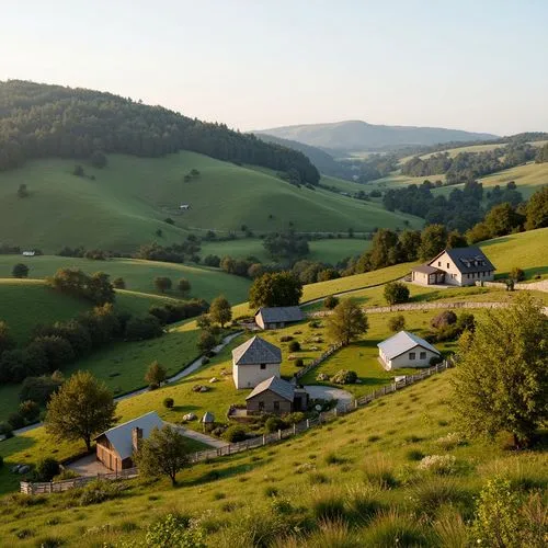 Rustic rural landscape, rolling hills, verdant pastures, farmhouses, wooden fences, solar panels, wind turbines, green roofs, eco-friendly materials, natural stone walls, earthy colors, organic farmin