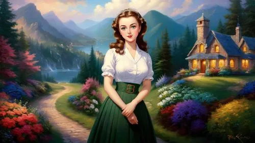 Beautiful kistch oil painting, cute girl, majestic outdoor landscape scenery, by Thomas Kinkade, by Bob Ross,avonlea,dorthy,nessarose,victorian lady,gwtw,dirndl,maidservant,landscape background,innkee