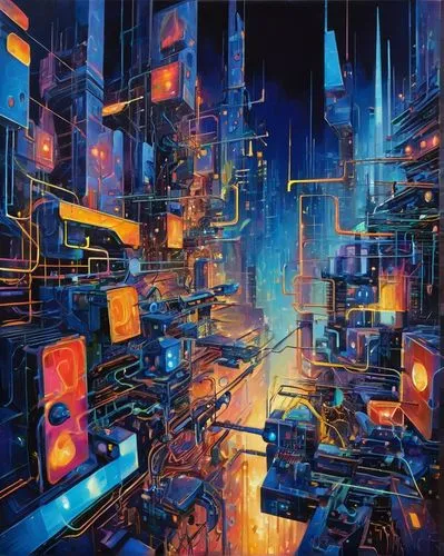 cybercity,metropolis,cybertown,cyberpunk,cityscape,neuromancer,cyberscene,digitalism,synth,cyberworld,cyberia,microdistrict,futuristic landscape,fantasy city,hypermodern,cyberport,megalopolis,colorful city,cybernet,cityzen,Conceptual Art,Oil color,Oil Color 20