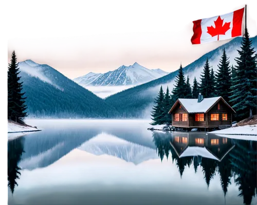 Winter landscape, snowy mountains, evergreen trees, frozen lake, snowflakes falling, cold misty air, frosty mornings, Canadian flag waving, wooden cabin, smoke rising from chimney, warm lighting, cozy