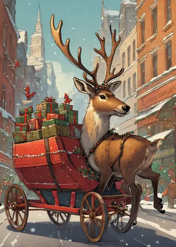 Amidst the bustling city streets, a delivery sleigh with GPS navigation maneuvers through traffic, expertly guided by high-tech reindeer.,sleigh with reindeer,santa sleigh,reindeer,christmas deer,slei