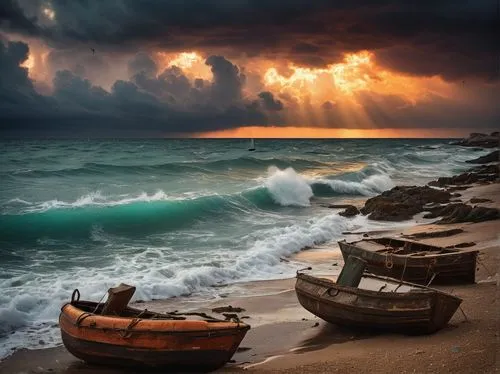 Calming sea, turquoise waves, gentle ripples, sunset time, warm golden light, dramatic clouds, stormy weather, lightning flashes, strong winds, turbulent water, wreckage debris, abandoned lifeboats, b