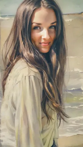 Brunette young woman on the sea beach on a sunny day.,girl on the dune,oil painting,oil painting on canvas,photo painting,little girl in wind,girl with cloth,girl in cloth,girl in a long,young woman,g