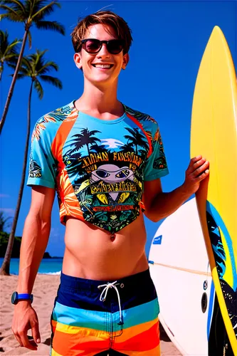 Shota boy, beachside, tropical, summer vacation, relaxed posture, smiling face, bright eyes, messy short hair, colorful swim trunks, sunglasses, Hawaiian shirt, flip flops, holding surfboard, low-angl