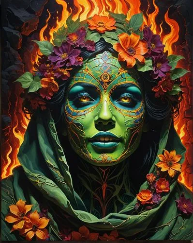 shamanic,medusa,girl in a wreath,fire flower,masquerade,fire artist,dryad,medusa gorgon,cayenne,gorgon,burning bush,flora,fire siren,shamanism,the enchantress,sorceress,fire dancer,fantasy portrait,pachamama,anahata,Conceptual Art,Fantasy,Fantasy 03