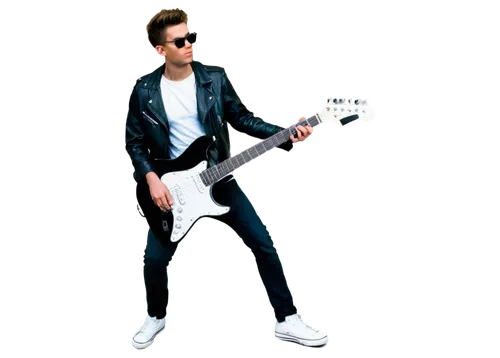 Cool musician, male, young adult, trendy hairstyle, sunglasses, black leather jacket, white T-shirt, skinny jeans, Converse shoes, holding electric guitar, playing music, spotlight on face, smoky atmo