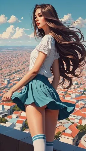 school skirt,miniskirted,miniskirts,donsky,miniskirt,world digital painting,on the roof,atop,retro girl,zettai,above the city,pittura,estudiante,cielo,onitsuka,programadora,pisa,maestra,cityscape,welin,Conceptual Art,Fantasy,Fantasy 32