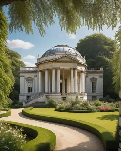 Chiswick House, luxurious mansion, British architectural style, grand facade, white stone walls, large windows, intricate wooden doors, ornate roof, chimneys, English garden, lush greenery, vibrant fl