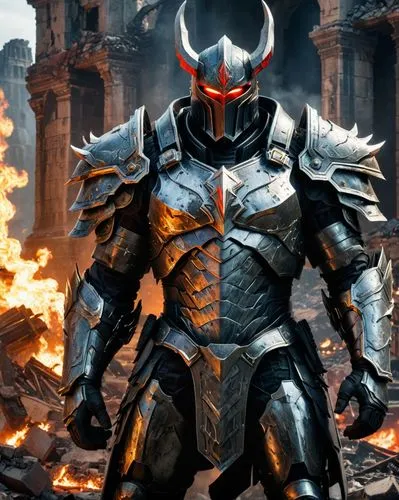 God-King Darius: Capture the imposing figure of God-King Darius in a hyper-realistic photograph set amidst the ruins of an ancient city. Showcase his towering stature, intricate armor, and ornate weap