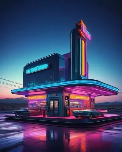 retro diner,drive in restaurant,futuristic landscape,diner,futuristic art museum,neon coffee,futuristic architecture,art deco,lachapelle,autopia,cinema 4d,neon ice cream,motels,motel,neon sign,futuristic,polara,futurist,neon cocktails,80's design,Art,Classical Oil Painting,Classical Oil Painting 35