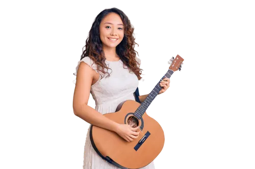 Christian woman, worship leader, solo, (25yo), gentle smile, bright brown eyes, long curly brown hair, minimal makeup, white flowing dress, bare feet, acoustic guitar, peaceful atmosphere, soft natura