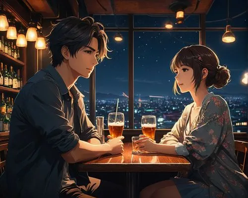 romantic night,izakaya,romantic dinner,romantic scene,romantic meeting,romantic portrait,pub,date,glasses of beer,date night,violet evergarden,drinking party,cafe,paris cafe,drinks,online date,game illustration,japan's three great night views,romantic,drinking,Photography,General,Fantasy