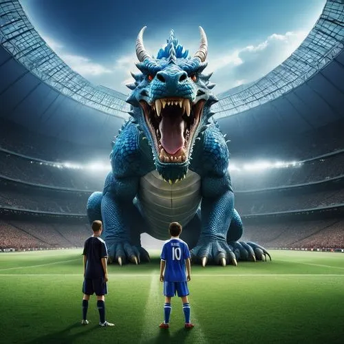 The giant soccer player prepares to face off against the funny  blue dragon with blue eyes its scales shimmering in the moonlight. The dragon's eyes are fixed on the throne, and its roar echoes throug