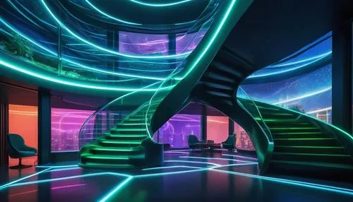 futuristic art museum,ufo interior,spaceship interior,futuristic architecture,nightclub,staircase,graecorum,colored lights,neon light,colorful spiral,spiral staircase,staircases,electrohome,tron,neon lights,neon coffee,light paint,cyberscene,futurist,stairway,Art,Classical Oil Painting,Classical Oil Painting 14