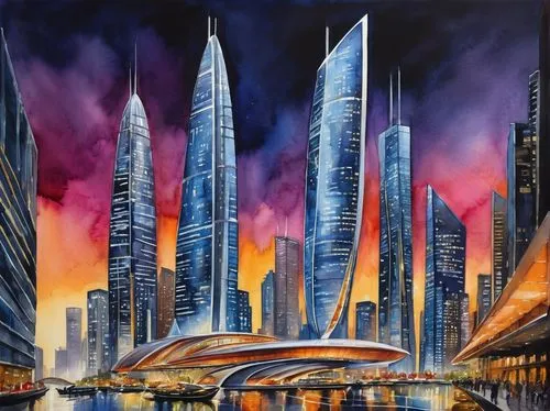 dubay,dubia,futuristic landscape,futuristic architecture,dubai,emaar,dubai marina,cybercity,skyscrapers,cityscapes,city scape,tallest hotel dubai,lusail,esteqlal,skylstad,cityscape,city skyline,coruscant,megacities,urban towers,Illustration,Paper based,Paper Based 24