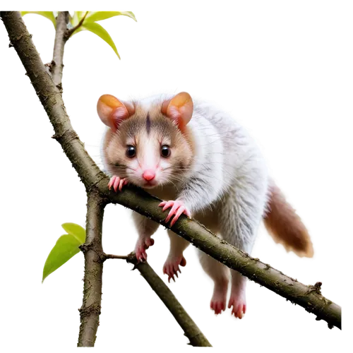 Possum, nocturnal animal, solo, white fur, pink nose, big round eyes, fluffy tail, climbing posture, tree branch, morning dew, soft sunlight filtering through leaves, 3/4 composition, shallow depth of