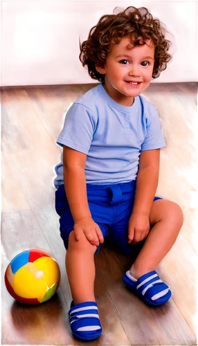 Toddler, little kid, smiling face, bright eyes, curly brown hair, few teeth, rosy cheeks, soft skin, white shirt, blue shorts, bare feet, sitting on floor, playing with toys, natural light, warm color