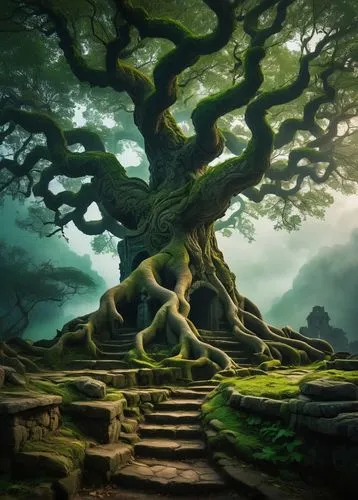 Majestic tree, PNG style, fantasy architecture, ancient ruins, twisted branches, gnarled trunk, vibrant green leaves, misty atmosphere, fog surrounding base, intricate stone carvings, mystical aura, w